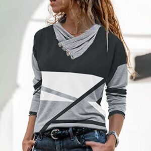 Petite Tops for Women Casual V Neck T Shirts Geometric Print Long Sleeve Blouse with Button Decor Winter Basic Pullover Black