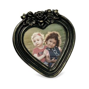 Isaac Jacobs 4x4 Heart-Shaped Resin Picture Frame with Rose Design, Decorative Photo Frame, Tabletop & Wall Display, Hanging Display & Home Décor (Black With Gold)