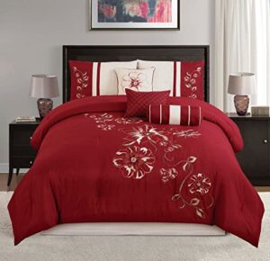 chezmoi collection miranda 7-piece red beige floral hibiscus embroidery comforter set, california king