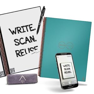 rocketbook core reusable smart notebook | innovative, eco-friendly, digitally connected notebook with cloud sharing capabilities | lined, 8.5" x 11", 36 pg, neptune teal, with pen, cloth, and app included (pack of 32)