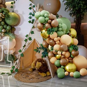 RUBFAC 160pcs Sage Green Brown Balloon Garland Kit Jungle Safari Woodland Balloon Arch with Sage Green Dark Brown Beige Gold Matte Balloons for Jungle Party Baby Shower Safari Birthday Decorations