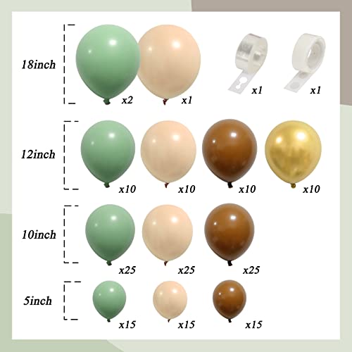 RUBFAC 160pcs Sage Green Brown Balloon Garland Kit Jungle Safari Woodland Balloon Arch with Sage Green Dark Brown Beige Gold Matte Balloons for Jungle Party Baby Shower Safari Birthday Decorations