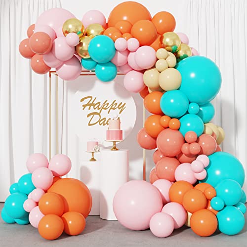 RUBFAC 134pcs Pastel Balloons Garland Kit Coral Balloons Turquoise Balloons Gold Metallic Balloons, bride balloons for Baby Shower Girls Birthday Weeding Anniversary Decorations