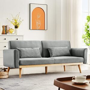 dklgg grey futon sofa bed, velvet convertible sofa couch sleeper with wood legs & 2 pillows, upholstered loveseat for small spaces living room bedroom furniture, 3 adjustable positions, easy assembly