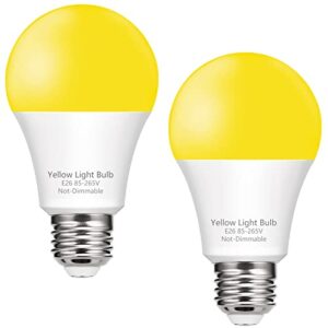 led yellow bug light bulbs outdoor, 9w a19 yellow led lights 60w equivalent, e26 base colored bug light bulb for porch, home lighting, christmas decoration, holiday lighting amber yellow bulb, 2pack