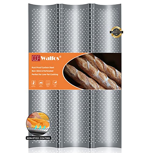 Walfos French Baguette Pan 15" x 9.6", Non-Stick Perforated French Bread Baking Pans 3 Loaves, Heat Resistant Italian Baguette Tray