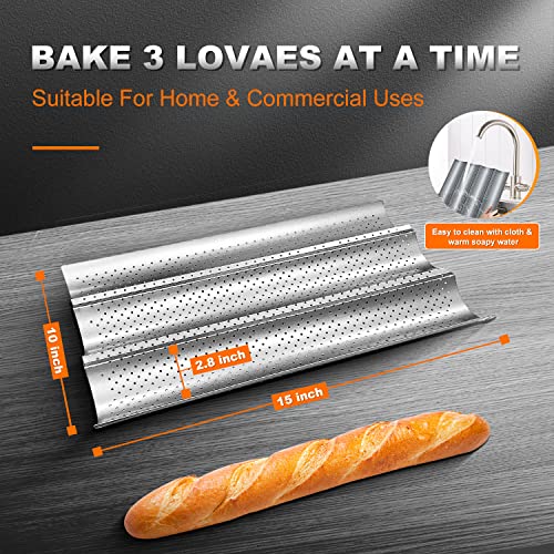 Walfos French Baguette Pan 15" x 9.6", Non-Stick Perforated French Bread Baking Pans 3 Loaves, Heat Resistant Italian Baguette Tray