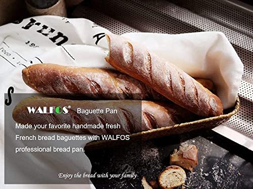 Walfos French Baguette Pan 15" x 9.6", Non-Stick Perforated French Bread Baking Pans 3 Loaves, Heat Resistant Italian Baguette Tray