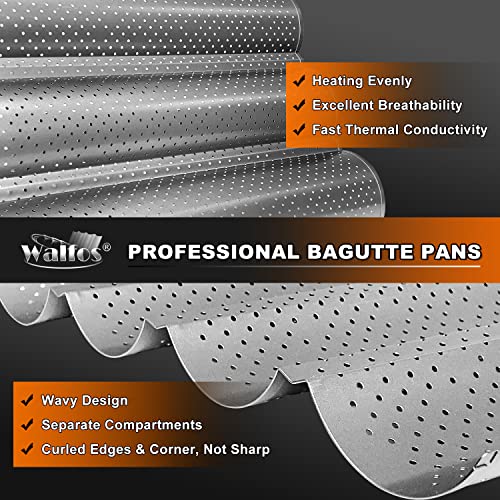 Walfos French Baguette Pan 15" x 9.6", Non-Stick Perforated French Bread Baking Pans 3 Loaves, Heat Resistant Italian Baguette Tray