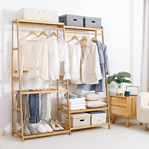 Homde Bamboo Clothes Rack Heavy Duty Garment Racks for Hanging Clothes, Max Load 440lbs, Freestanding Clothing Rack Closet with 6 Shelves, 67" H*61" W*15.74" D