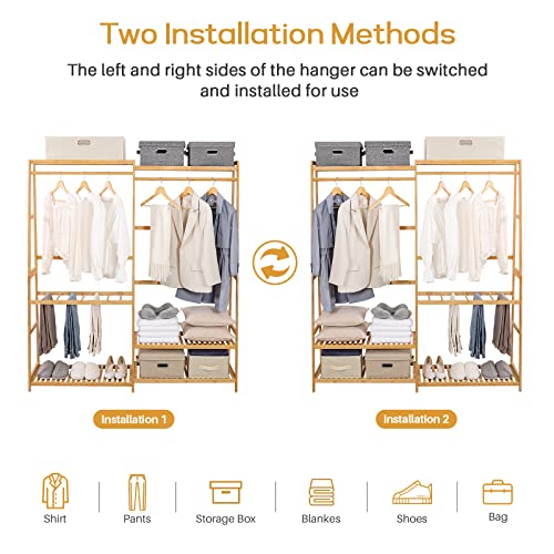 Homde Bamboo Clothes Rack Heavy Duty Garment Racks for Hanging Clothes, Max Load 440lbs, Freestanding Clothing Rack Closet with 6 Shelves, 67" H*61" W*15.74" D