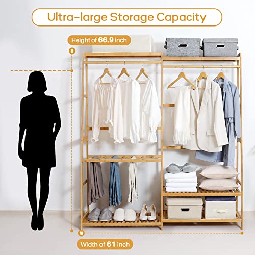 Homde Bamboo Clothes Rack Heavy Duty Garment Racks for Hanging Clothes, Max Load 440lbs, Freestanding Clothing Rack Closet with 6 Shelves, 67" H*61" W*15.74" D