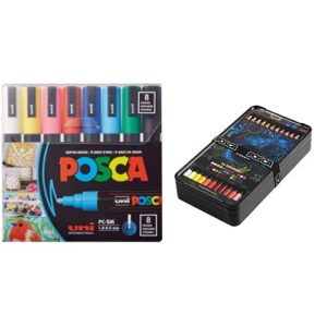 posca 8-color paint marker set, pc-5m medium + posca oil & wax based pencil pack with extra strength tips, 36 highly pigmented colors, achieve increased chromatic intensity through pressure
