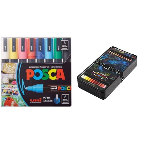 POSCA 8-Color Paint Marker Set, PC-5M Medium + Posca Oil & Wax Based Pencil Pack with Extra Strength Tips, 36 Highly Pigmented Colors, Achieve Increased Chromatic Intensity Through Pressure