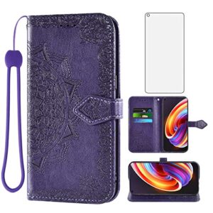 compatible with oppo reno 7 pro 5g wallet case and tempered glass screen protector leather mandala flower flip cover credit card holder cell accessories phone cases for reno7 7pro 5g women men purple
