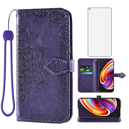 Compatible with OPPO Reno 7 Pro 5G Wallet Case and Tempered Glass Screen Protector Leather Mandala Flower Flip Cover Credit Card Holder Cell Accessories Phone Cases for Reno7 7Pro 5G Women Men Purple