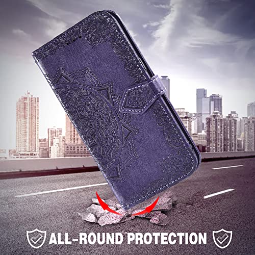 Compatible with OPPO Reno 7 Pro 5G Wallet Case and Tempered Glass Screen Protector Leather Mandala Flower Flip Cover Credit Card Holder Cell Accessories Phone Cases for Reno7 7Pro 5G Women Men Purple