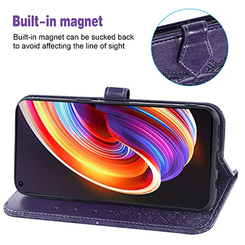 Compatible with OPPO Reno 7 Pro 5G Wallet Case and Tempered Glass Screen Protector Leather Mandala Flower Flip Cover Credit Card Holder Cell Accessories Phone Cases for Reno7 7Pro 5G Women Men Purple