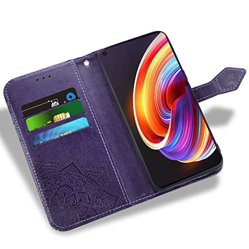 Compatible with OPPO Reno 7 Pro 5G Wallet Case and Tempered Glass Screen Protector Leather Mandala Flower Flip Cover Credit Card Holder Cell Accessories Phone Cases for Reno7 7Pro 5G Women Men Purple