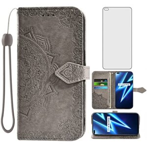 compatible with oppo reno 6 pro 5g wallet case and tempered glass screen protector leather mandala flower flip cover credit card holder stand cell accessories phone cases for reno6 6pro 5g women gray