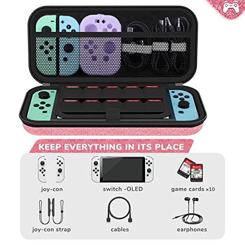 homicozy Glitter Carrying Case for Nintendo Switch and Switch OLED Console,Pink Hard Travel Case Shell Pouch for Nintendo Switch Console & Accessories,Protective Carry Case Compatible with Nintendo for Girls