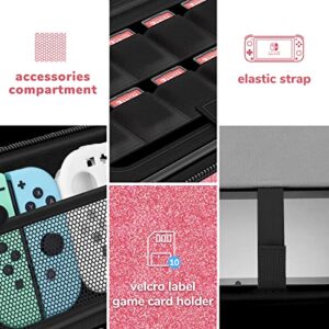 homicozy Glitter Carrying Case for Nintendo Switch and Switch OLED Console,Pink Hard Travel Case Shell Pouch for Nintendo Switch Console & Accessories,Protective Carry Case Compatible with Nintendo for Girls