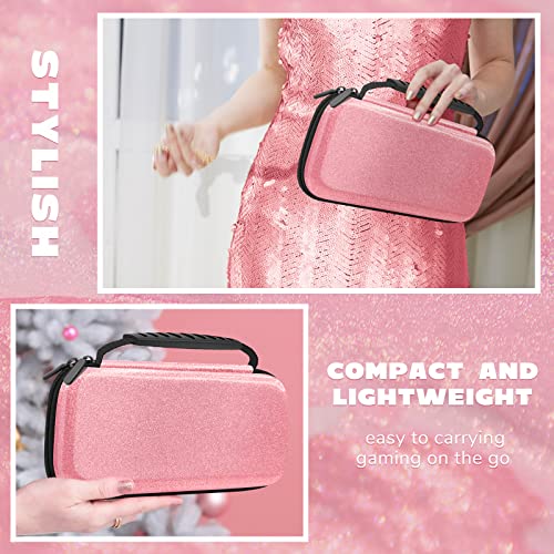 homicozy Glitter Carrying Case for Nintendo Switch and Switch OLED Console,Pink Hard Travel Case Shell Pouch for Nintendo Switch Console & Accessories,Protective Carry Case Compatible with Nintendo for Girls