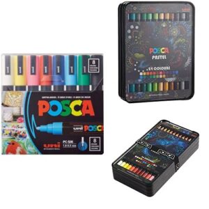 posca 8-color paint marker set, pc-5m medium + posca heat pliable oil & wax based pastels pack with 24 colors + posca oil & wax based pencil pack with extra strength tips, 36 colors