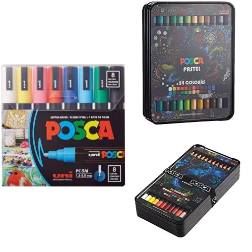 POSCA 8-Color Paint Marker Set, PC-5M Medium + POSCA Heat Pliable Oil & Wax Based Pastels Pack with 24 Colors + POSCA Oil & Wax Based Pencil Pack with Extra Strength Tips, 36 Colors