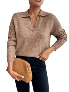 shenhe women's casual v neck long sleeve knitted pullover polo sweater jumper tops camel m