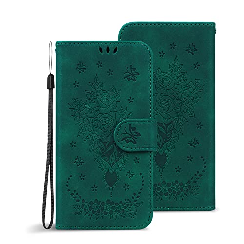 ONV Flip Case for Oppo A53 / Oppo A33 - Rose Butterfly Embossed Phone Case with Card Holder Lanyard Stand Case Leather Magnetic Wallet Cover for Oppo A53 / Oppo A33 [XT] -Green