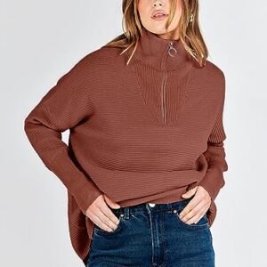 ANRABESS Oversized Sweater for Women Quarter Zip Pullover Casual Long Sleeve Half Zip Collared Lapel V Neck Baggy Slouchy Knitted Tunic Jumper Clothes 2023 Fall 802xiuhong-M Rust