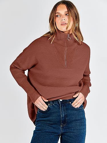 ANRABESS Oversized Sweater for Women Quarter Zip Pullover Casual Long Sleeve Half Zip Collared Lapel V Neck Baggy Slouchy Knitted Tunic Jumper Clothes 2023 Fall 802xiuhong-M Rust