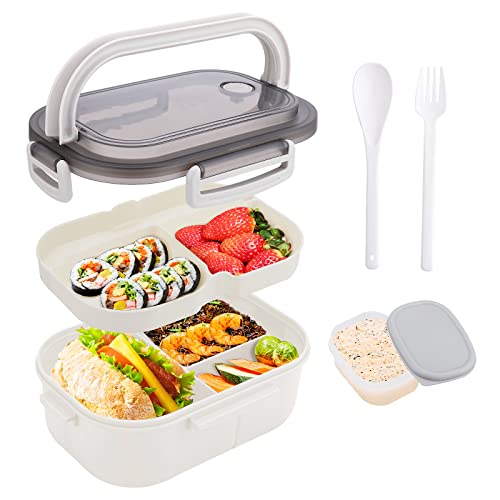 Bento Box,2 Layers Bento Box Adult Lunch Box with Salad Dressing Container and Carrying Handle,Lunch Box Containers for Toddler/Kids/Adults,1.3L-6Compartments&Utensils(White)