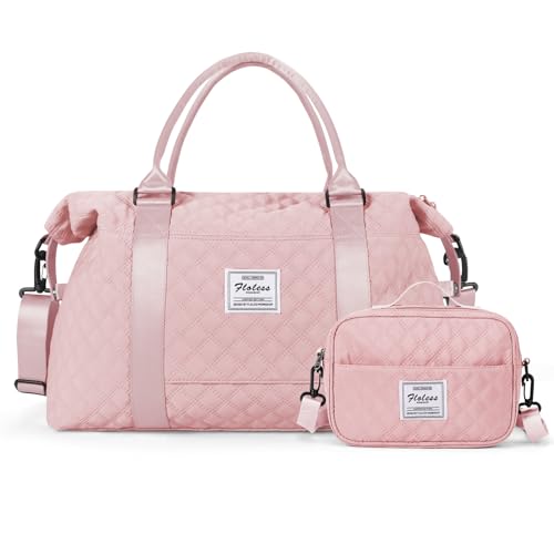 Travel Duffel Bag Weekender Bag for Women，Overnight Carry on Bag with Toiletry Bag, Gym Tote Bag with Wet Pocket,Grid Pink