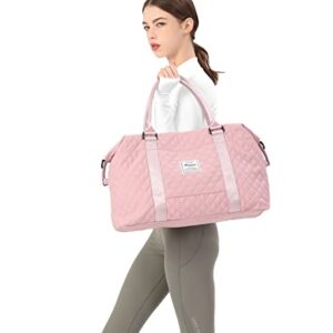 Travel Duffel Bag Weekender Bag for Women，Overnight Carry on Bag with Toiletry Bag, Gym Tote Bag with Wet Pocket,Grid Pink