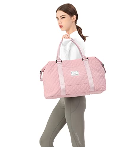 Travel Duffel Bag Weekender Bag for Women，Overnight Carry on Bag with Toiletry Bag, Gym Tote Bag with Wet Pocket,Grid Pink