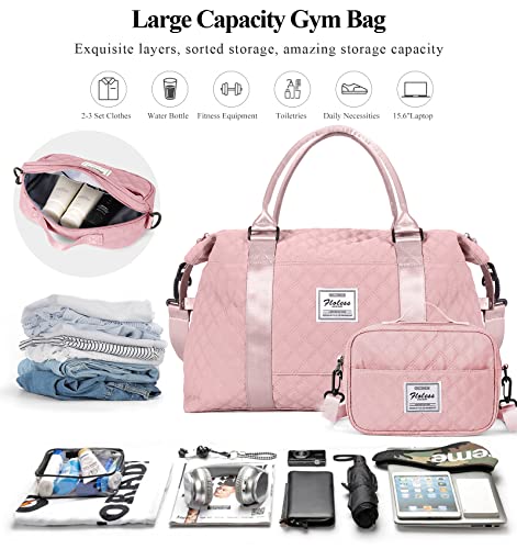 Travel Duffel Bag Weekender Bag for Women，Overnight Carry on Bag with Toiletry Bag, Gym Tote Bag with Wet Pocket,Grid Pink