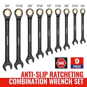 WORKPRO 9-Piece Anti-Slip Ratcheting Combination Wrench Set, SAE 1/4"-3/4", 72-Tooth, Cr-V Constructed, Black Ratchet Wrenches Set with Roll Up Pouch