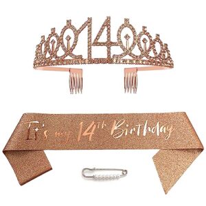 ceqiny 14th birthday sash tiara and crowns for girls, birthday queen rose gold tiara, princess tiara rhinestone headbands with combs bridal wedding tiaras for wedding prom bridal party christmas