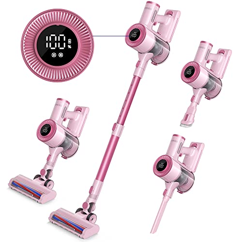 Homeika Cordless Stick Vacuum Cleaner, 20Kpa Powerful Suction Vacuum Cleaner with LED Display, 30 Min Runtime Detachable Battery, 1.5L Dust Cup, for Carpet and Hard Floor Pet Hair (Pink)