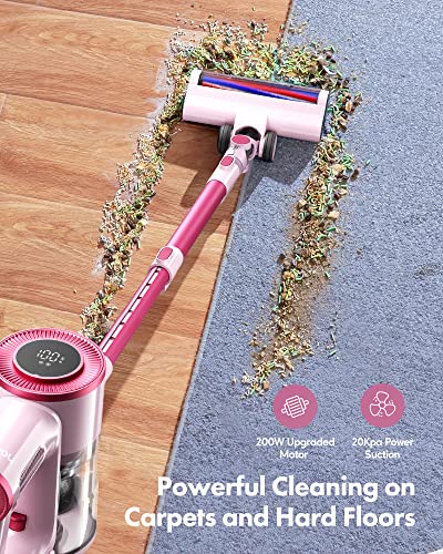 Homeika Cordless Stick Vacuum Cleaner, 20Kpa Powerful Suction Vacuum Cleaner with LED Display, 30 Min Runtime Detachable Battery, 1.5L Dust Cup, for Carpet and Hard Floor Pet Hair (Pink)