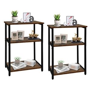 ecomex 3-tier end tables,side table with storage shelf for living room, small bedside table for bedroom,rustic brown 2pcs