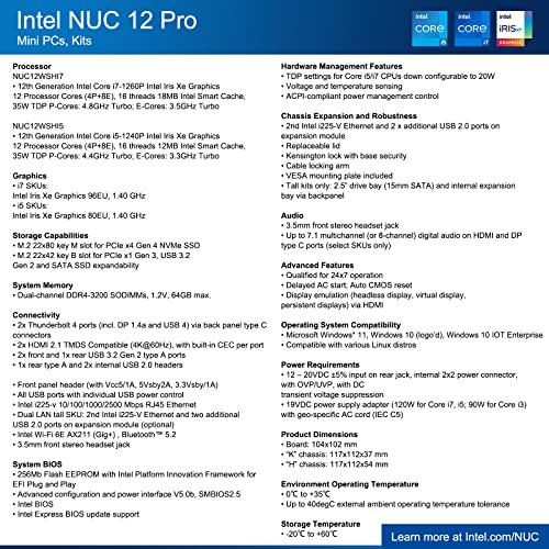 Intel NUC 12 NUC12WSHi7 Wall Street Canyon Mini Computer 12th Gen Intel Core i7-1260P, 12 Cores(4P+8E), 16 Threads, 18MB Intel Smart Cache, Intel Iris Xe Graphics,32GB RAM, 1TB PCIe SSD, Win 11 Pro