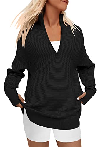 LILLUSORY Women's Pullover Soft Oversized Sweatshirts 1/4 Zip Western 2023 Trending Fall Clothes Oversized Sweater Tops Black