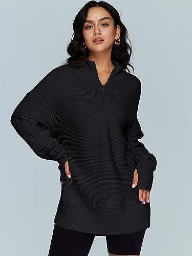 LILLUSORY Women's Pullover Soft Oversized Sweatshirts 1/4 Zip Western 2023 Trending Fall Clothes Oversized Sweater Tops Black