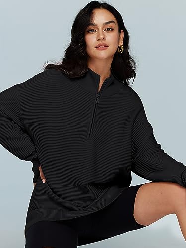 LILLUSORY Women's Pullover Soft Oversized Sweatshirts 1/4 Zip Western 2023 Trending Fall Clothes Oversized Sweater Tops Black