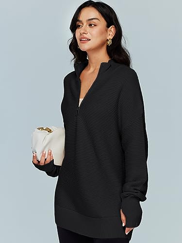 LILLUSORY Women's Pullover Soft Oversized Sweatshirts 1/4 Zip Western 2023 Trending Fall Clothes Oversized Sweater Tops Black