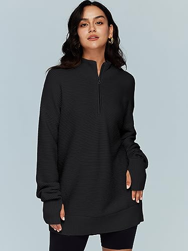 LILLUSORY Women's Pullover Soft Oversized Sweatshirts 1/4 Zip Western 2023 Trending Fall Clothes Oversized Sweater Tops Black