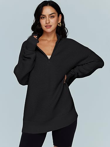 LILLUSORY Women's Pullover Soft Oversized Sweatshirts 1/4 Zip Western 2023 Trending Fall Clothes Oversized Sweater Tops Black